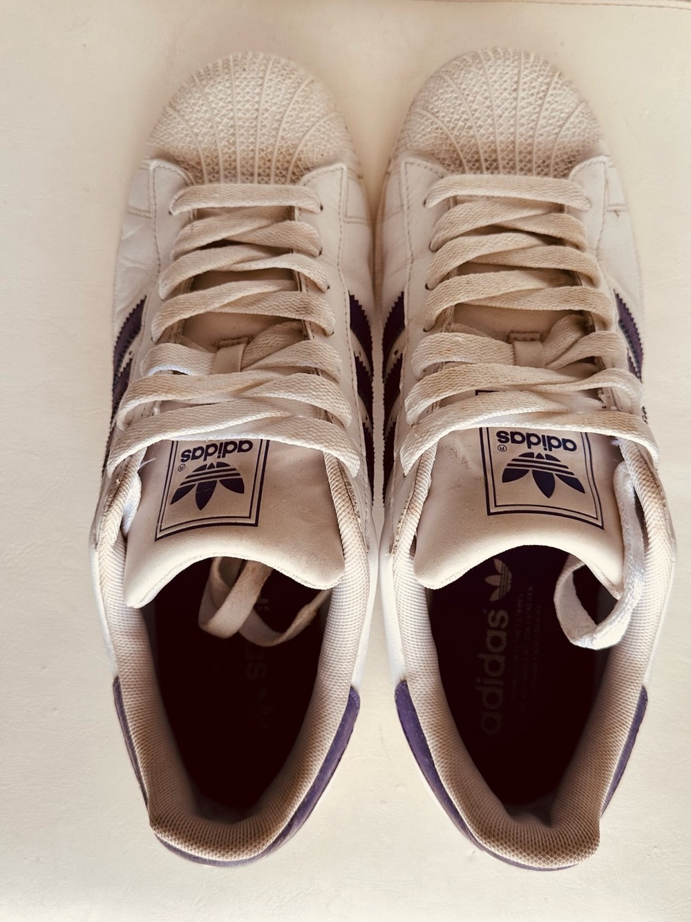 adidas White Sneakers with Purple Stripes